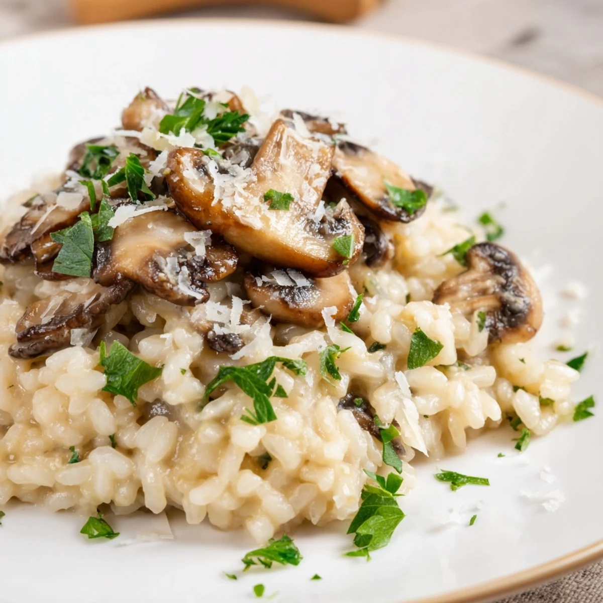 A steaming bowl of mushroom risotto showcasing the creamy texture and earthy mushroom flavors.