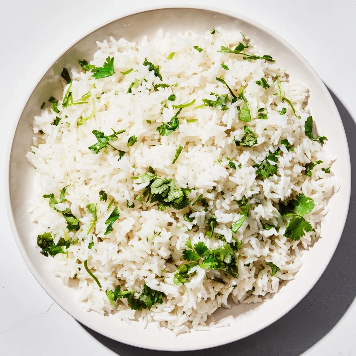 Bright, zesty Cilantro Lime Rice: Fluffy grains infused with lime and cilantro, ready to serve warm.