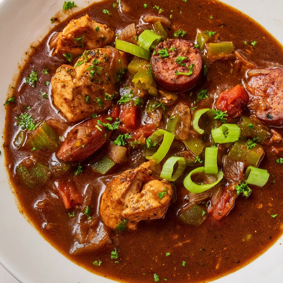 Steaming bowl of Gumbo Okra Soup with succulent chicken and sausage, served with rice.