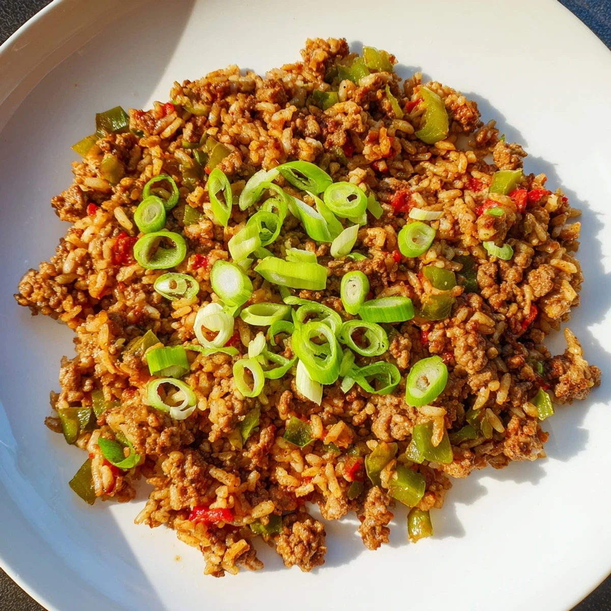 Rustic table setting includes a delicious bowl of Cajun Dirty Rice, fragrant and full of comforting Southern flavors.