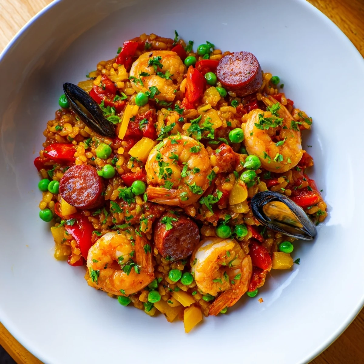 Golden saffron-infused Paella Spanish rice overflowing with shrimp, mussels, and vibrant peppers, perfect for dinner.