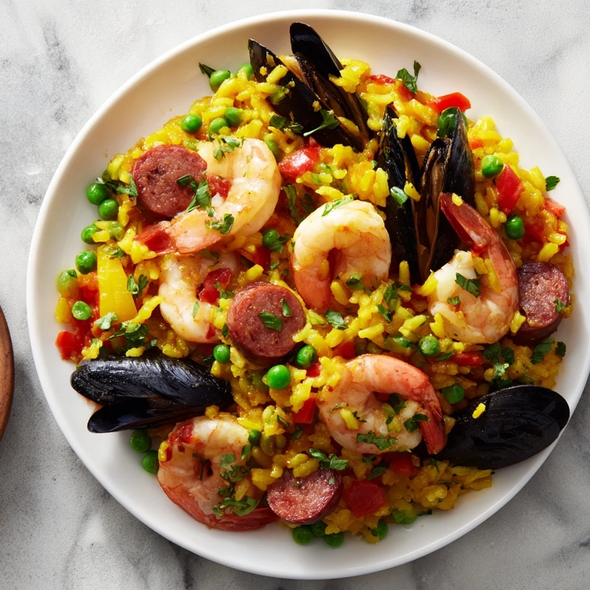 Steaming Paella Spanish rice with chorizo and calamari, garnished with fresh parsley and lemon wedges.