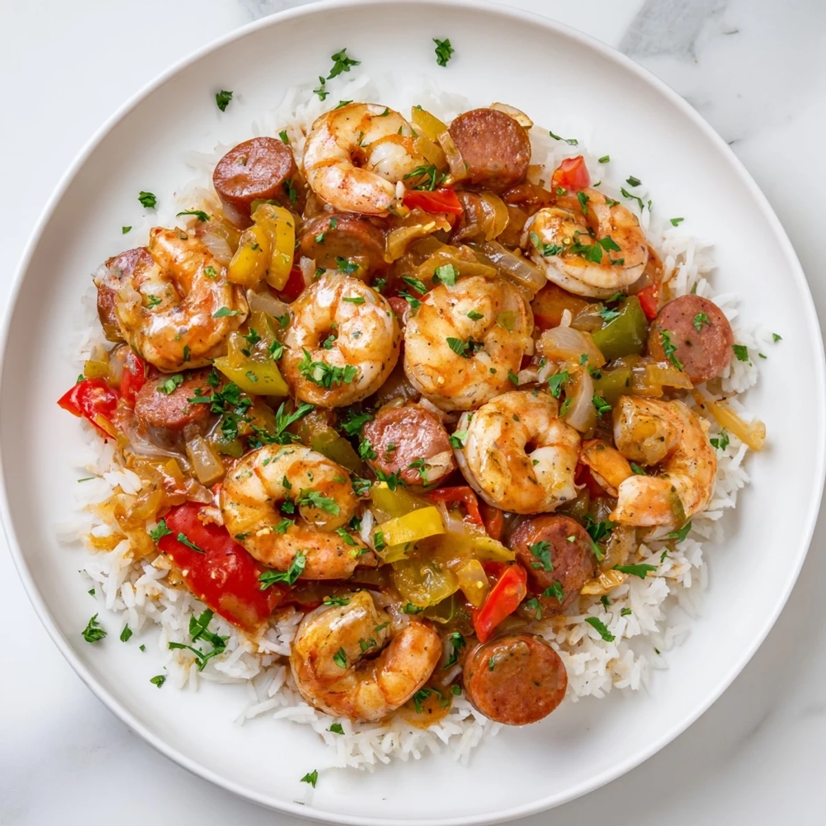 A close-up of a sizzling Jambalaya Skillet, with rice and shrimp glistening in a Creole sauce.