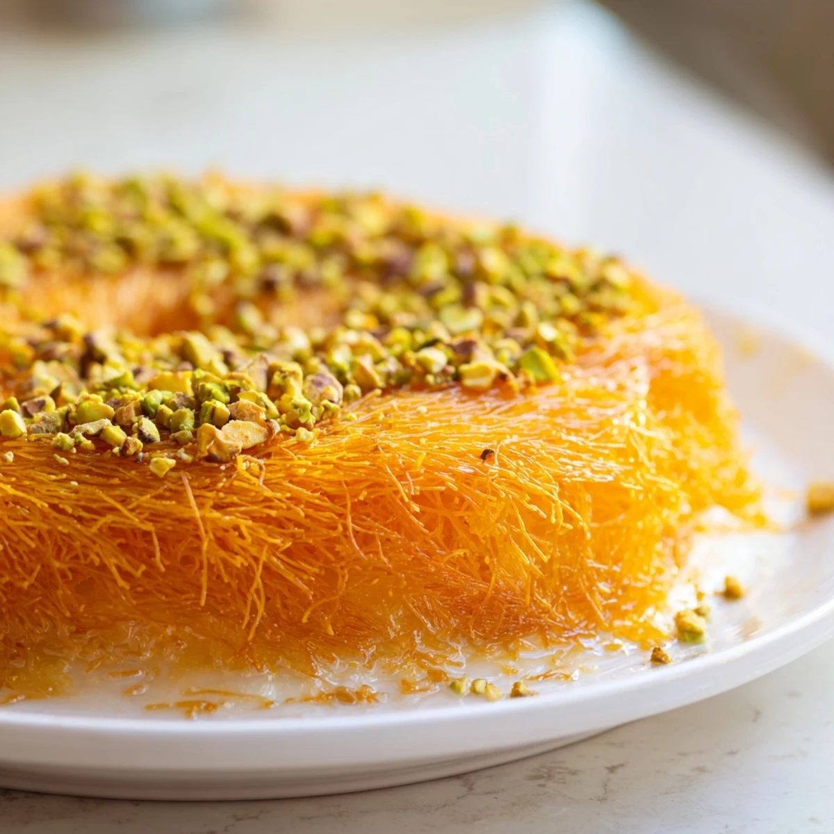 Golden-brown Lebanese Knafeh cheese dessert with pistachios, served warm and drizzled with sweet syrup.