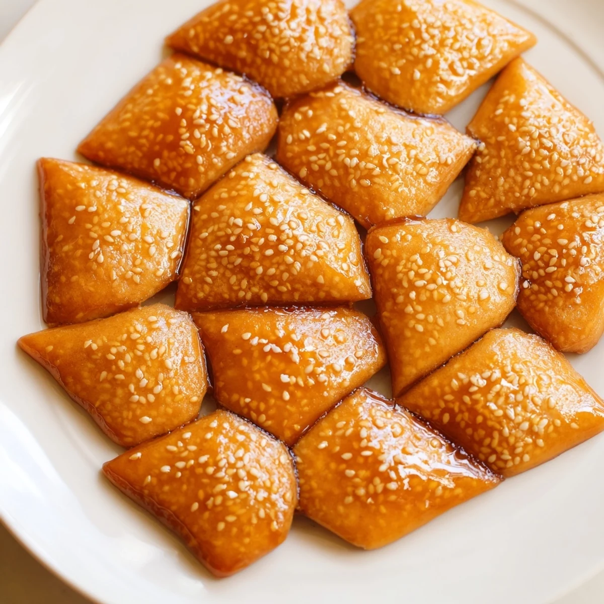 Golden, crispy Tunisian Makroudh cookies, showcasing diamond shapes coated in sweet, glistening honey glaze.