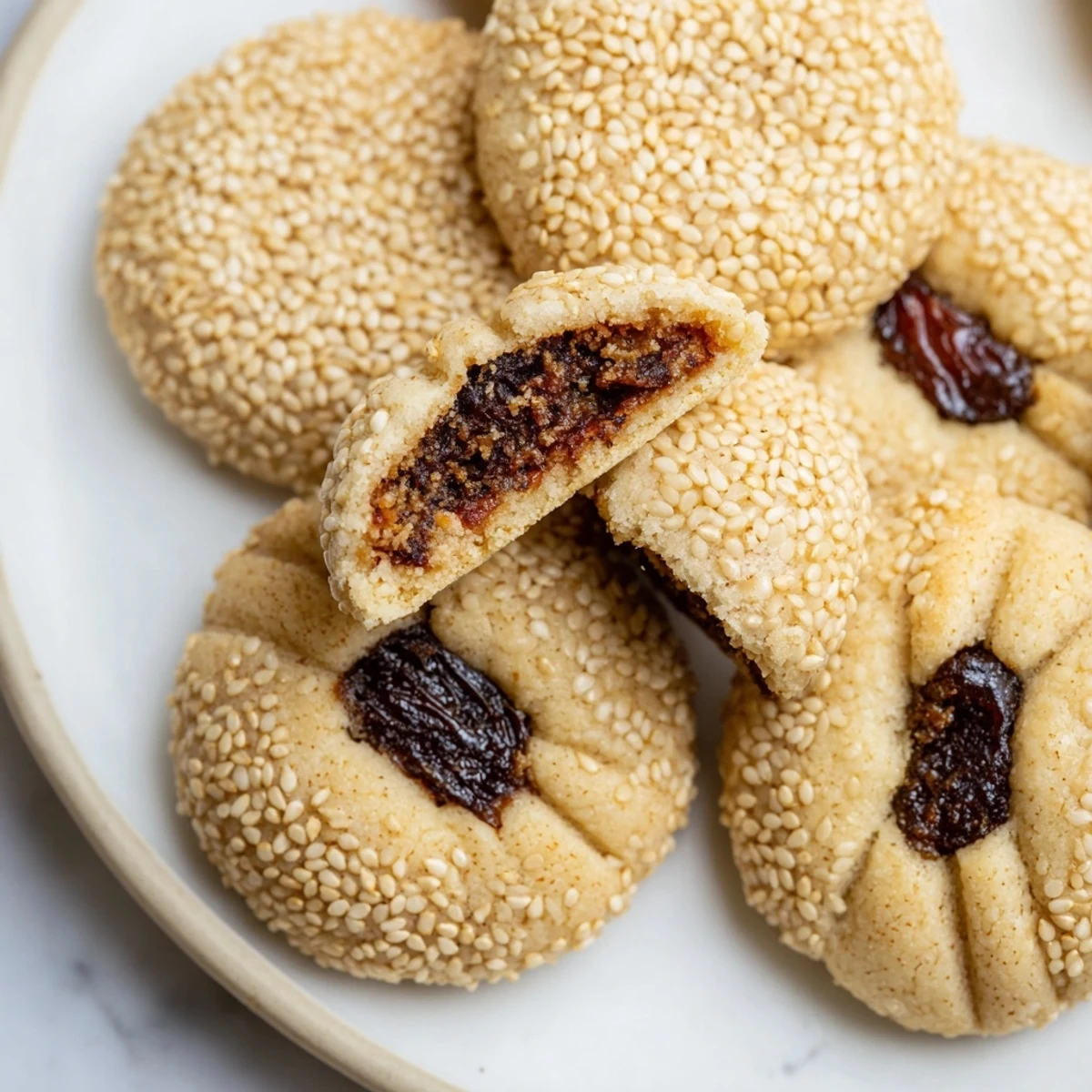 Warm, buttery Palestinian Kahk cookies, filled with sweet date paste, ready for a cozy treat.