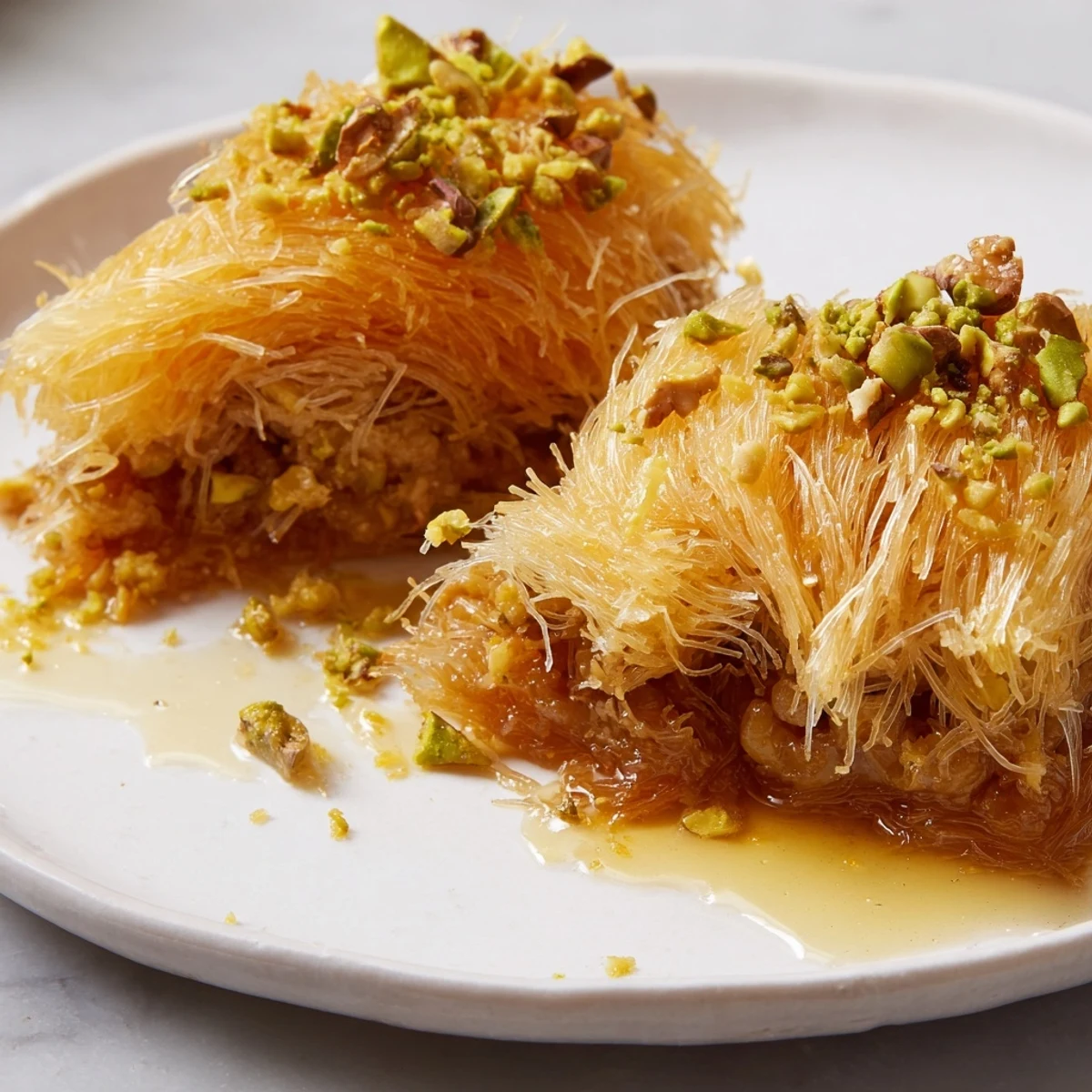 A close-up shot of homemade Egyptian Konafa, showcasing layers of pastry and chopped nuts.