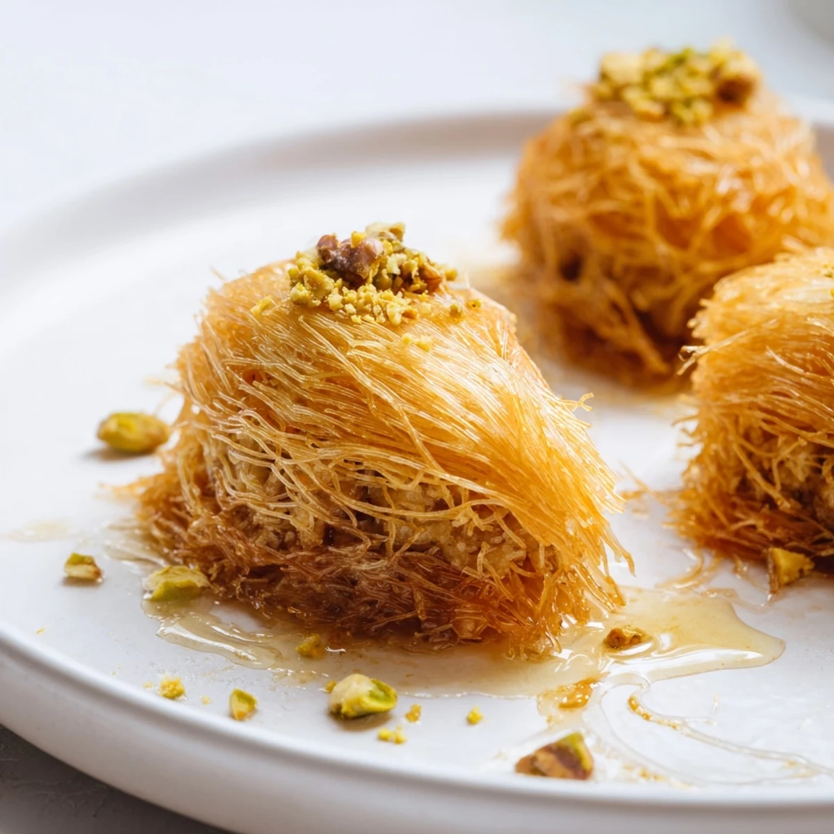 Golden, crispy Egyptian Konafa with a glistening honey syrup, ready to eat and enjoy.