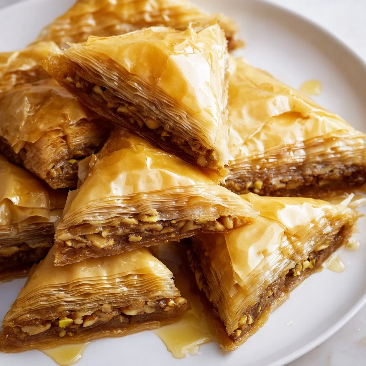 Golden, crispy Turkish Baklava, glistening with honey syrup, offering a symphony of textures and flavors.