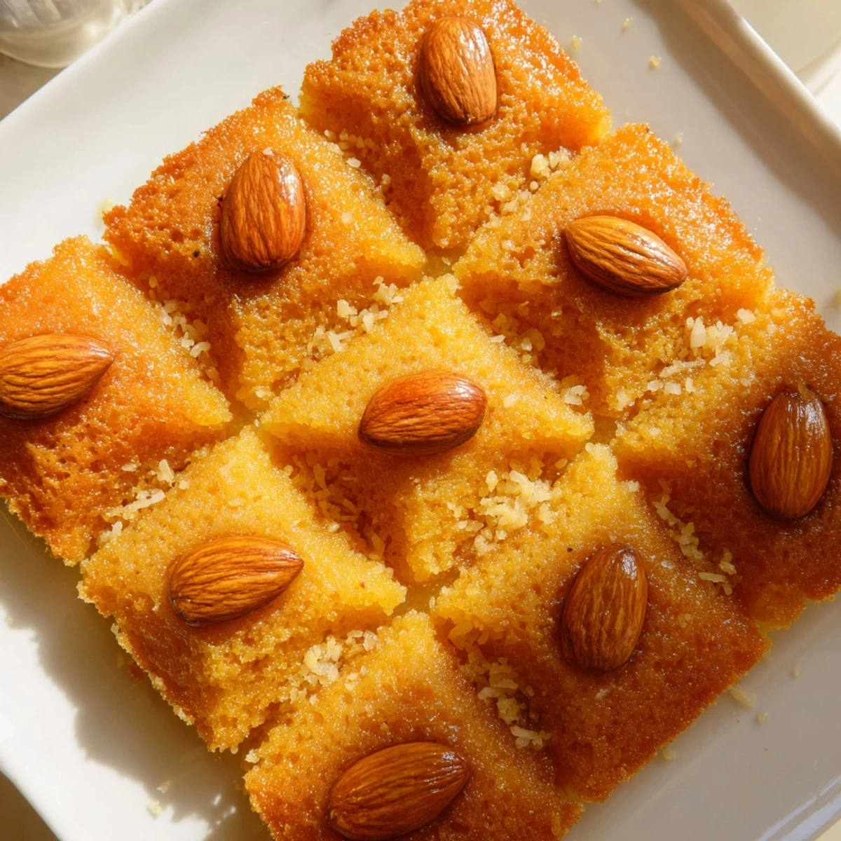 Golden, syrup-soaked Egyptian Basbousa coconut cake with almonds is a sweet, delightful dessert.