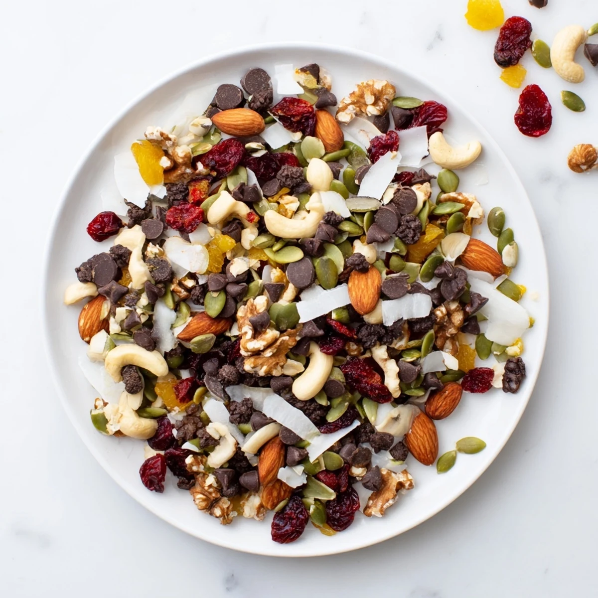 Close-up of Trail Mix Custom featuring walnuts, dried apricots, pumpkin seeds, and raisins on a rustic table.