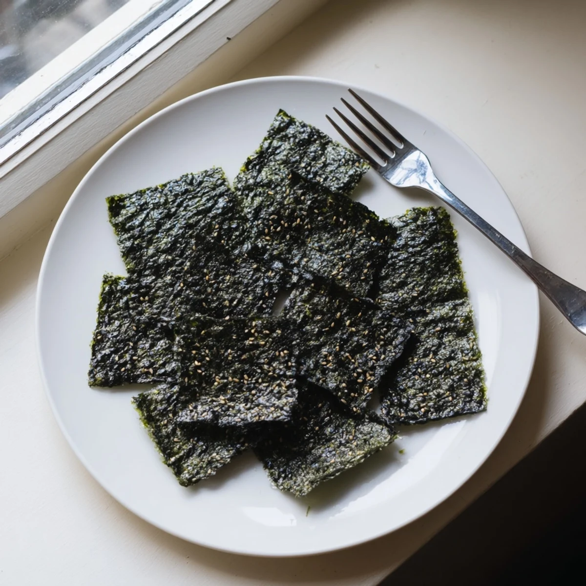Roasted Seaweed Chips arranged in a single layer on a baking sheet, brushed with sesame oil and ready for the oven.