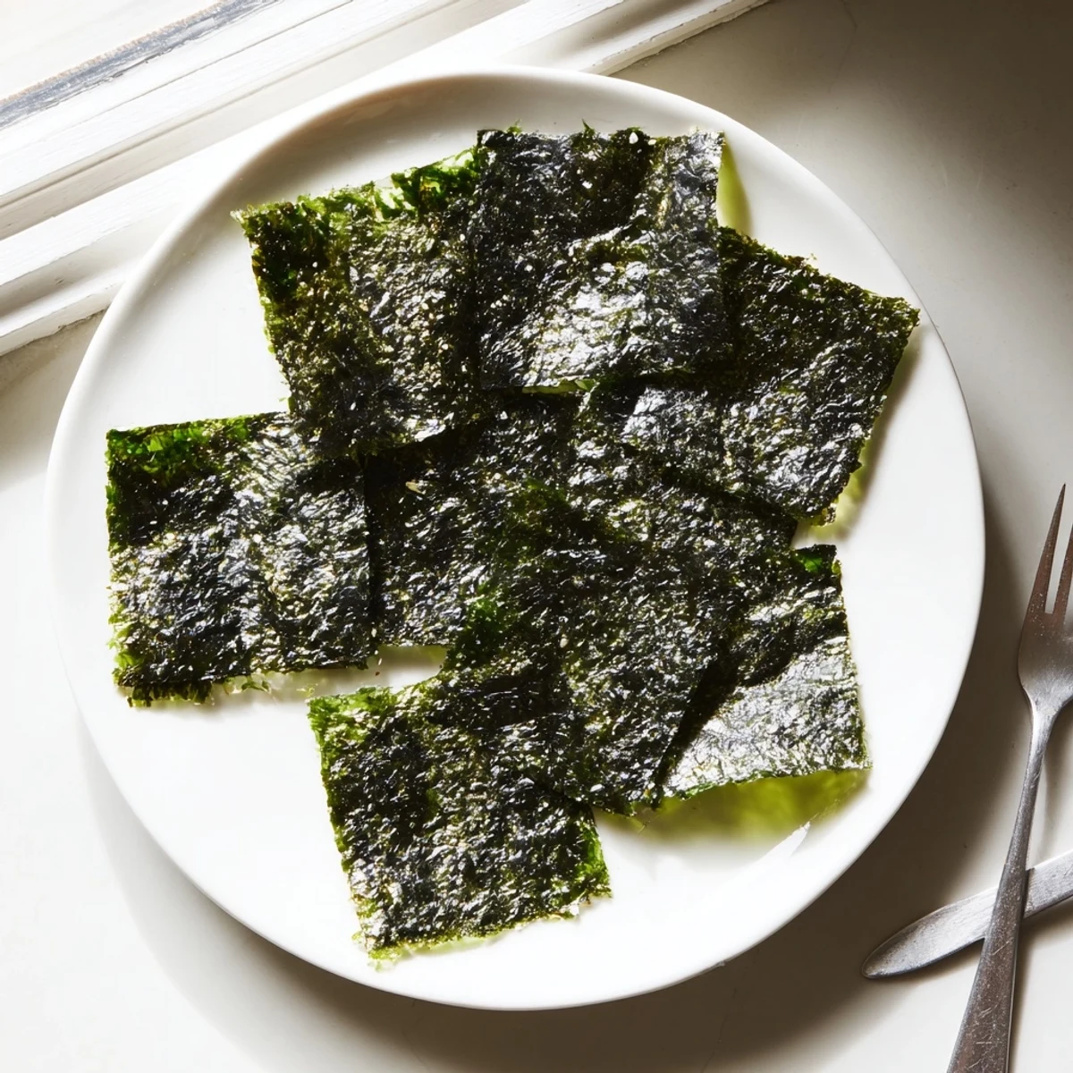 A hand holding a stack of golden Roasted Seaweed Chips, ready to be enjoyed as a healthy vegan snack.