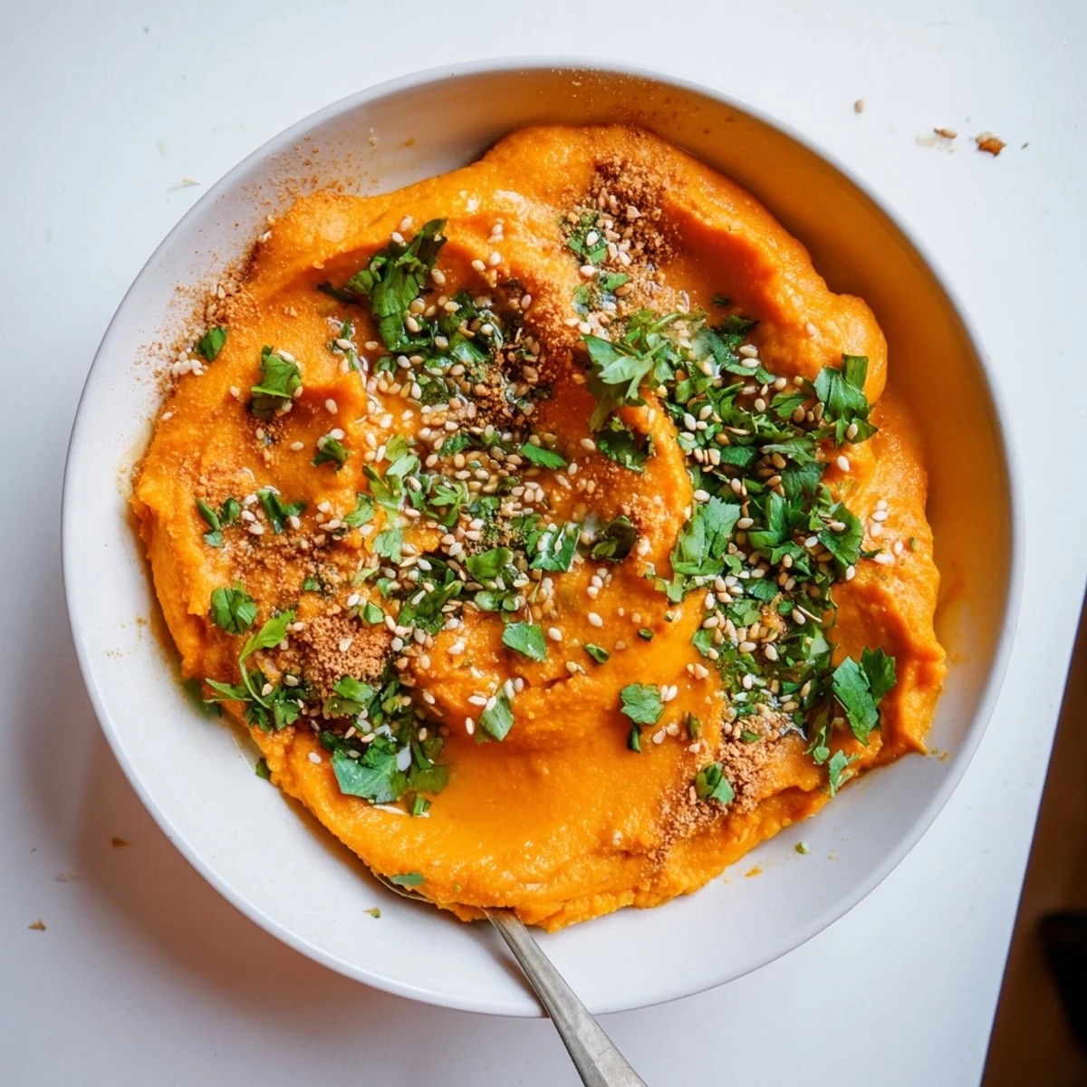 Roasted carrots and fresh ginger blend into a vibrant, creamy carrot ginger dip garnished with cilantro.