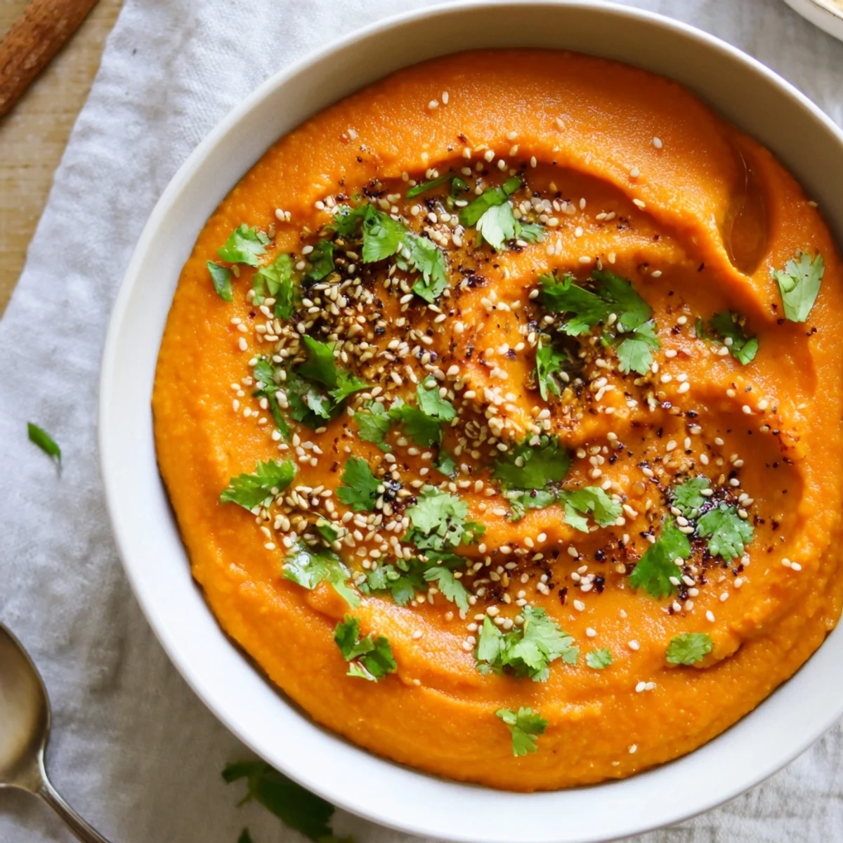 Healthy appetizer of carrot ginger dip served in a rustic bowl, topped with sesame seeds and cilantro.