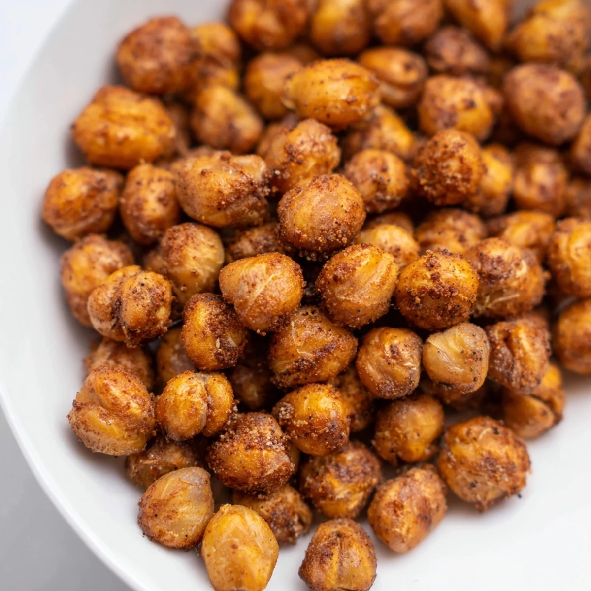 Golden, oven-roasted Crispy Chickpea Snack, lightly seasoned and served in a rustic ceramic bowl for easy snacking.