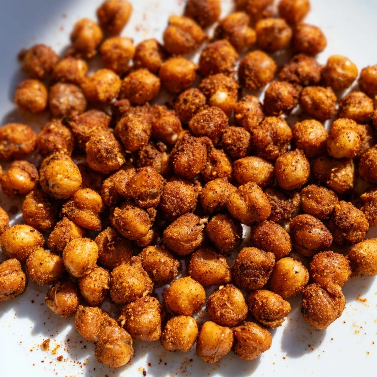 A close-up of vibrant Crispy Chickpea Snack, showcasing crunchy texture and smoky paprika seasoning on a clean kitchen counter.
