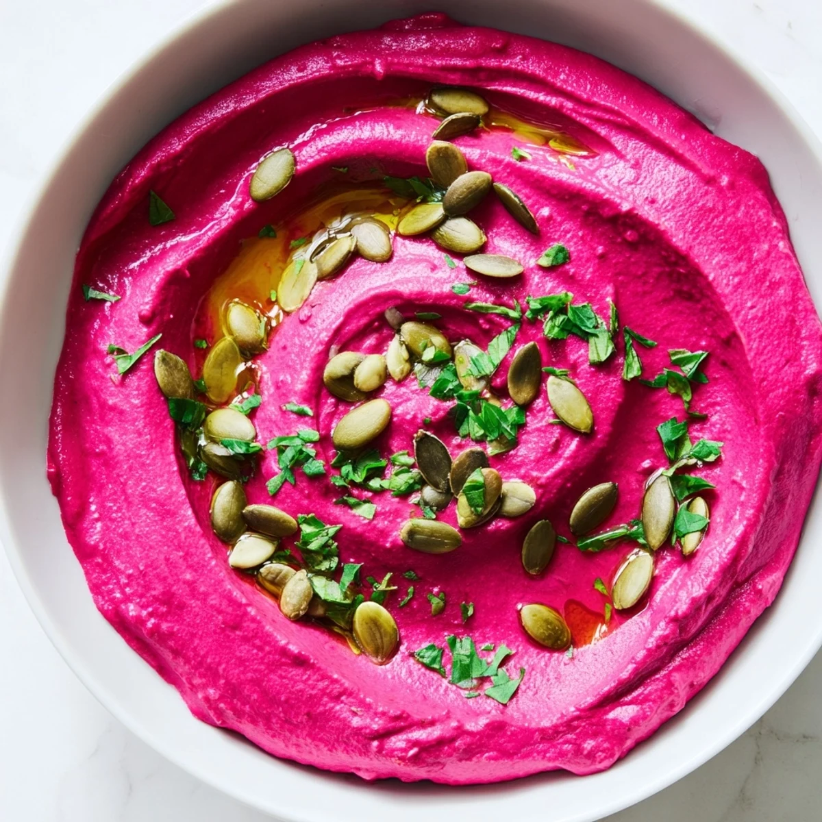 Vibrant pink Beet Hummus in a white bowl, topped with olive oil, toasted pumpkin seeds, and fresh parsley, ready to dip with crisp veggies.