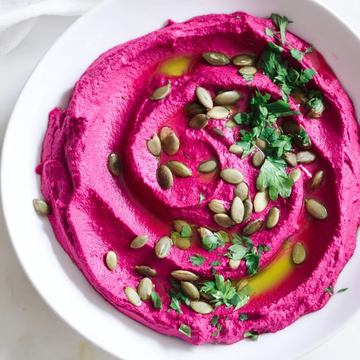 Creamy roasted beet hummus swirled with olive oil and garnished with sesame seeds, served alongside warm pita bread on a rustic wooden board.