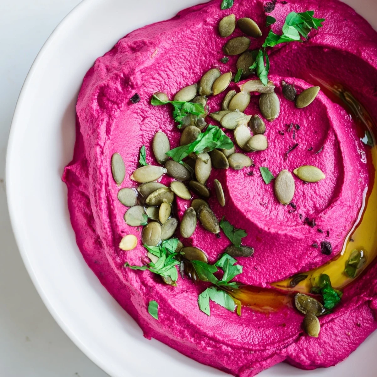 Earthy and sweet Beet Hummus spread on crackers, garnished with fresh parsley and seeds, with raw carrots and cucumbers on the side.