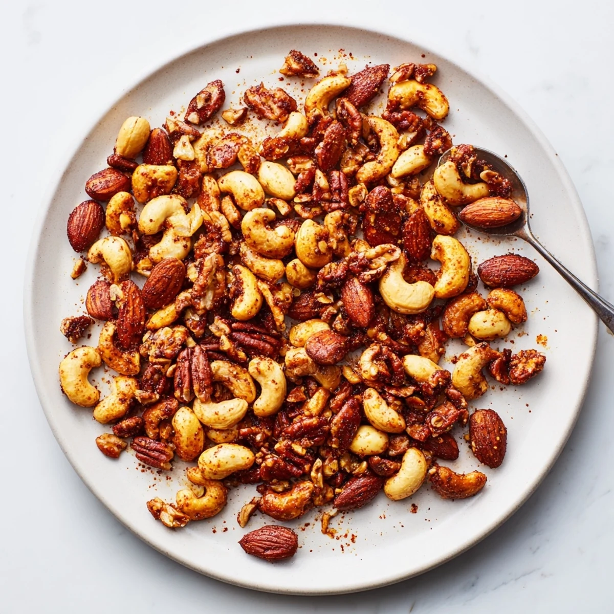 Homemade Spiced Nuts Mix roasted golden-brown with honey and aromatic spices, served warm in a rustic bowl.