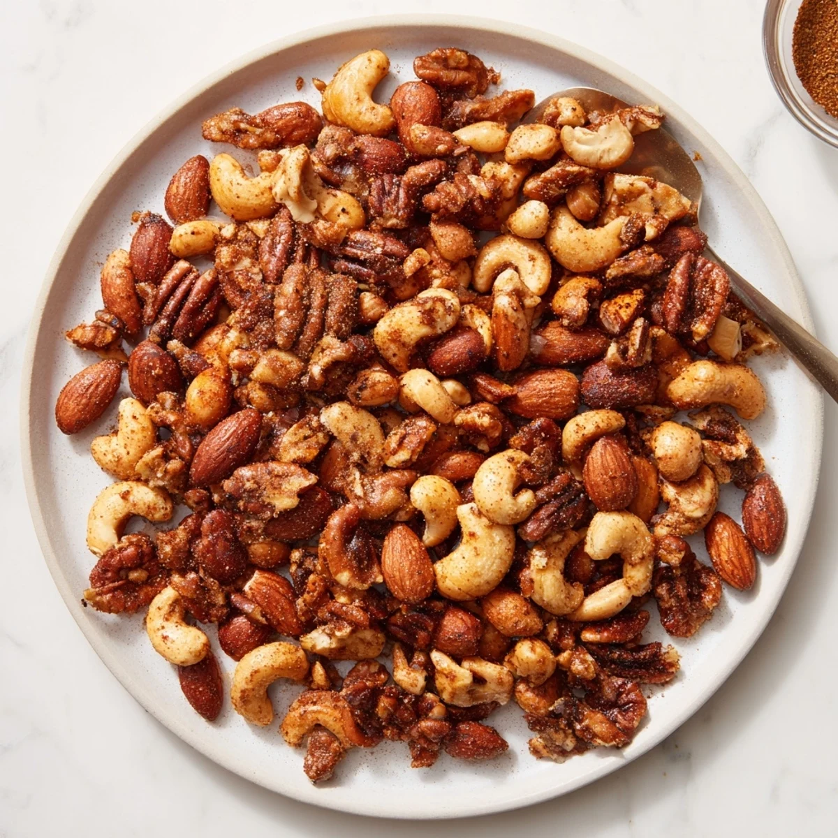 Savory-sweet Spiced Nuts Mix piled high, ready for snacking or topping a festive holiday cheese board.