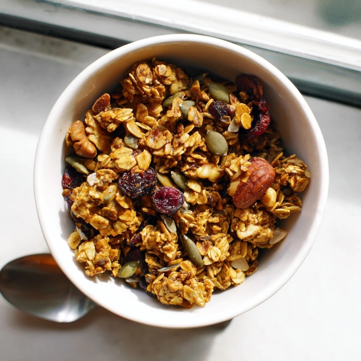 Freshly baked golden granola clusters packed with rolled oats, chopped nuts, and honey on a wooden board.  