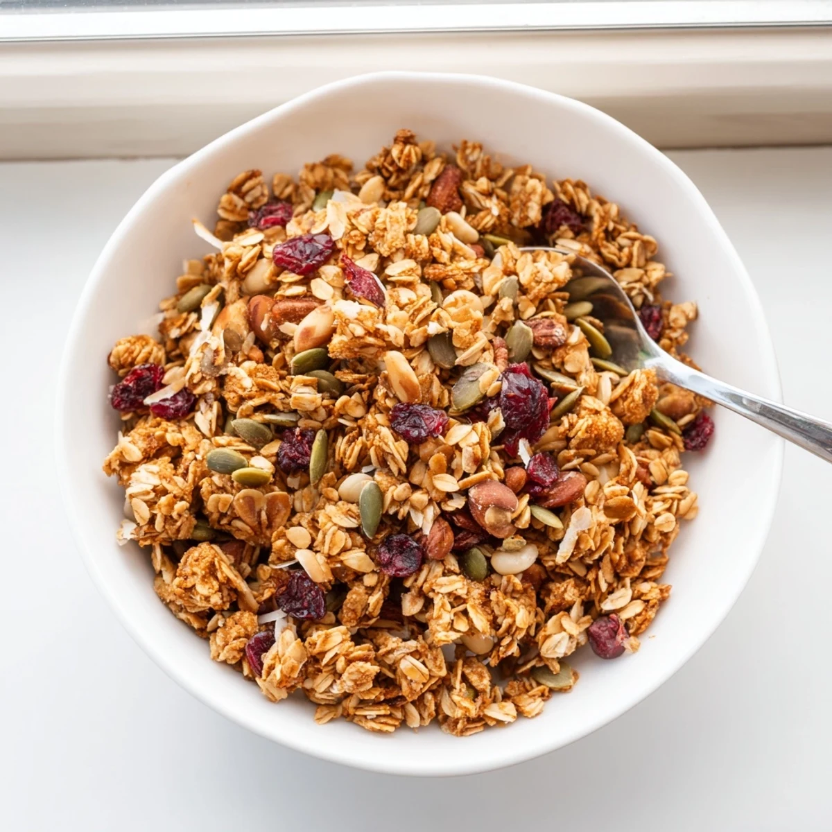 Warm granola clusters cooling on a baking sheet, ready to be enjoyed with creamy Greek yogurt or milk.  