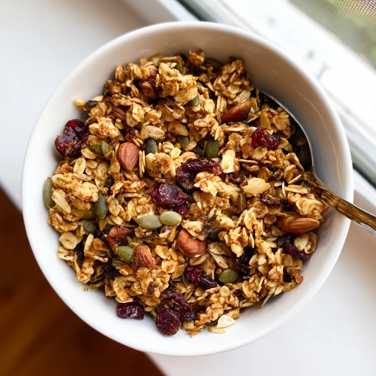 Golden-baked granola clusters with oats, almonds, and pecans served in a rustic ceramic bowl for breakfast.