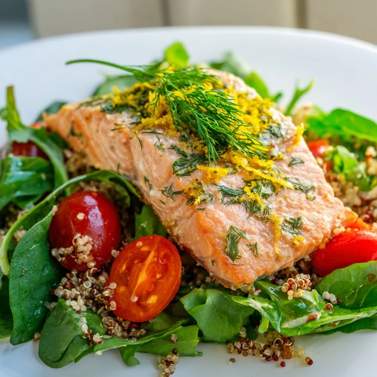 Lemon Herb Salmon Salad served on a white plate, colorful and nourishing with herbs and quinoa.