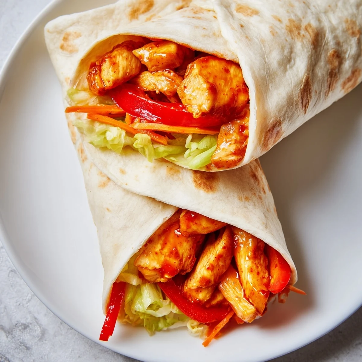 Golden glazed Honey Sriracha Chicken strips nestled in a soft flour tortilla with crisp lettuce and fresh vegetables.
