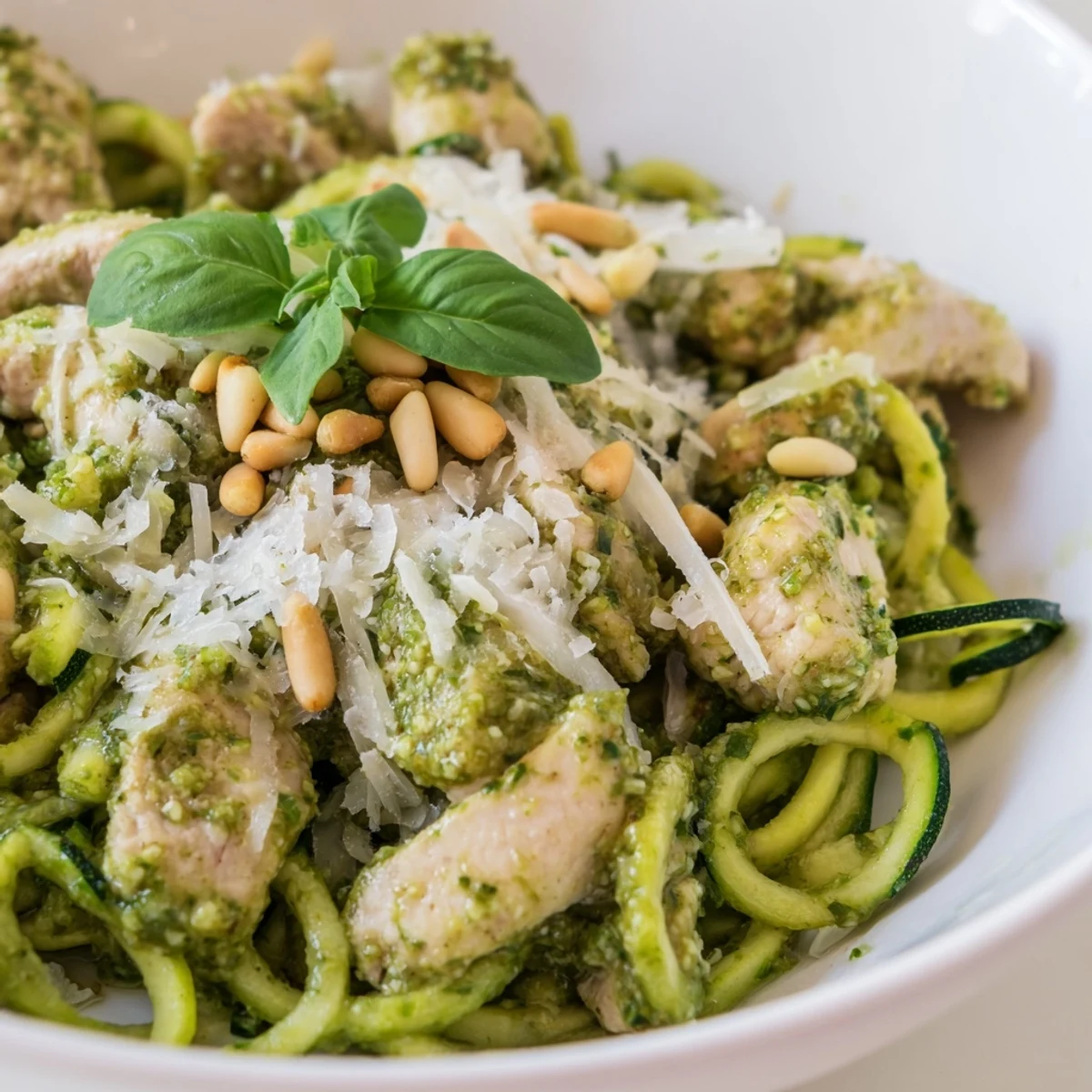 Tender chicken and crisp zucchini noodles tossed in aromatic pesto, served in a white bowl with fresh basil leaves and a sprinkle of Parmesan cheese.