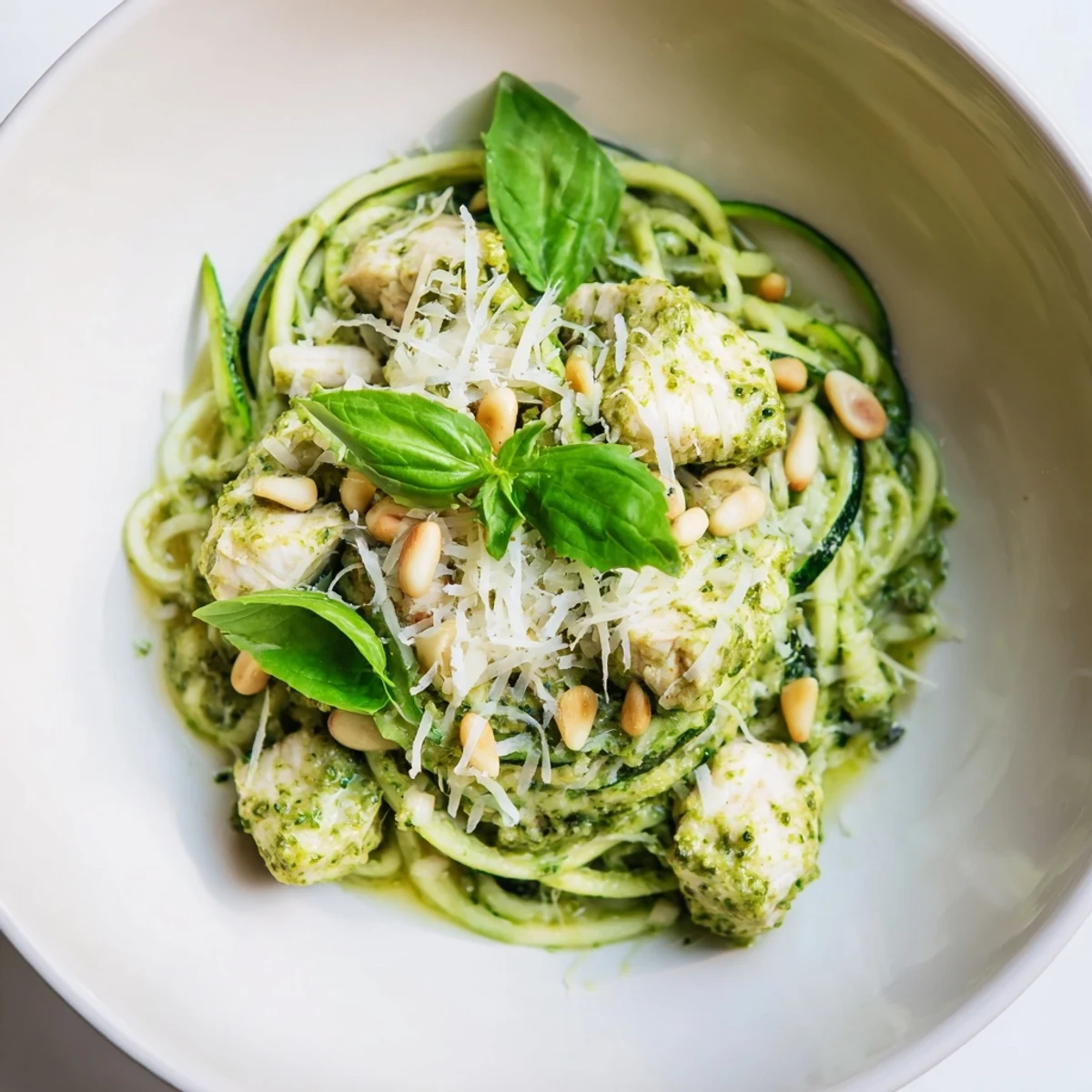 Hearty Pesto Zucchini Chicken Bowl with succulent chicken pieces, vibrant green zucchini spirals, and a bright squeeze of lemon, ready for a light and healthy dinner.