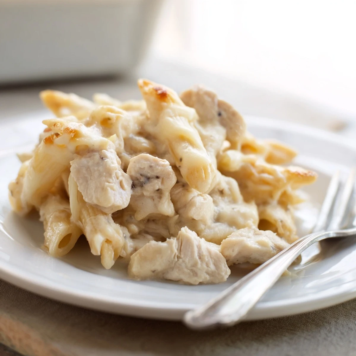 Steaming Chicken Alfredo Casserole bubbling from the oven, golden melted mozzarella topping baked pasta with tender chicken pieces.