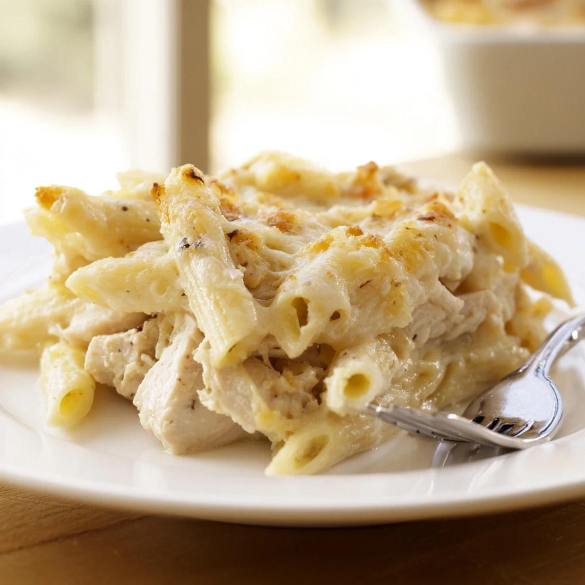 Freshly baked Chicken Alfredo Casserole served in a white dish, steam rising from the bubbly cheese, ready for family dinners.