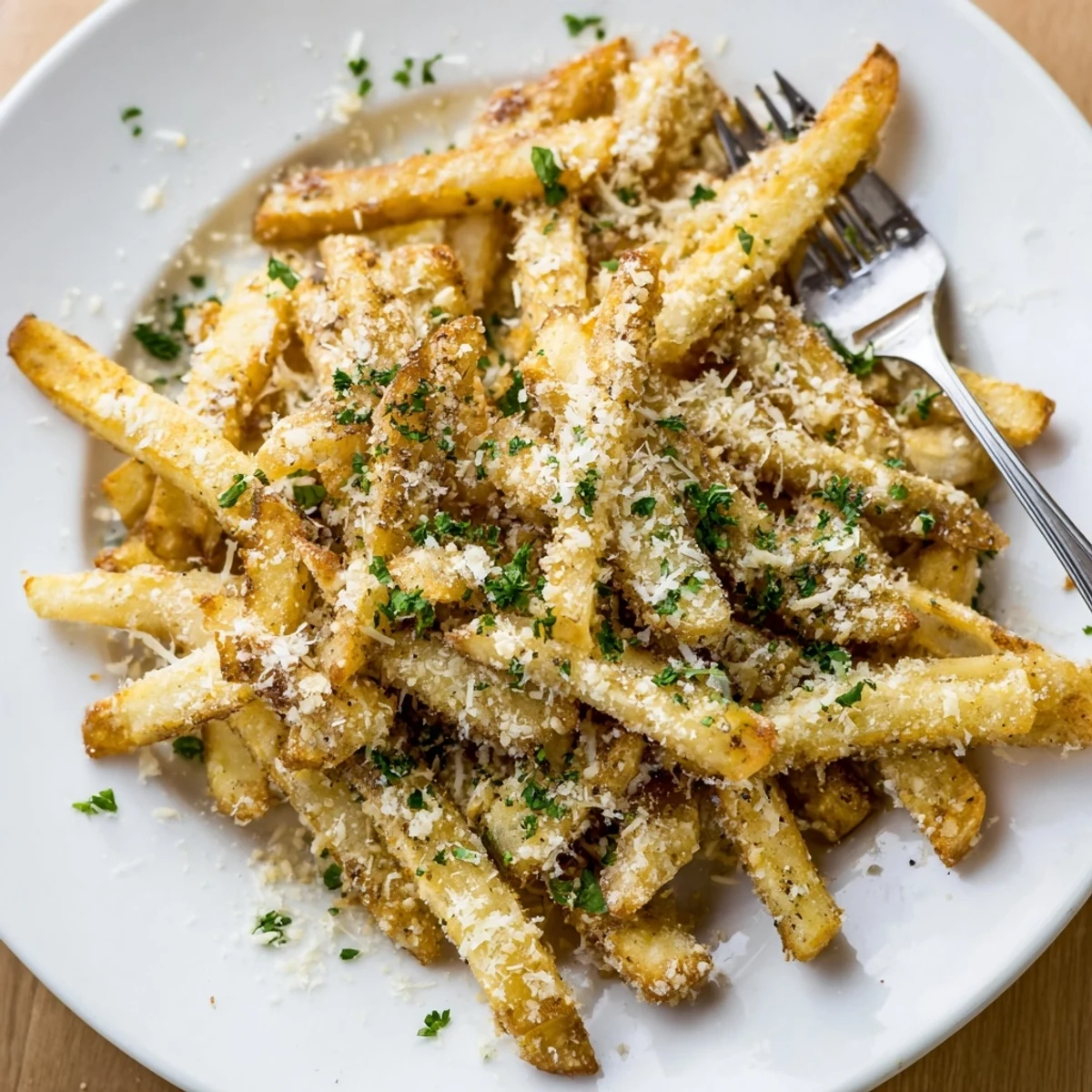 Golden, crispy Truffle Parmesan Fries piled high with fresh parsley, ready to be served as a savory side dish.
