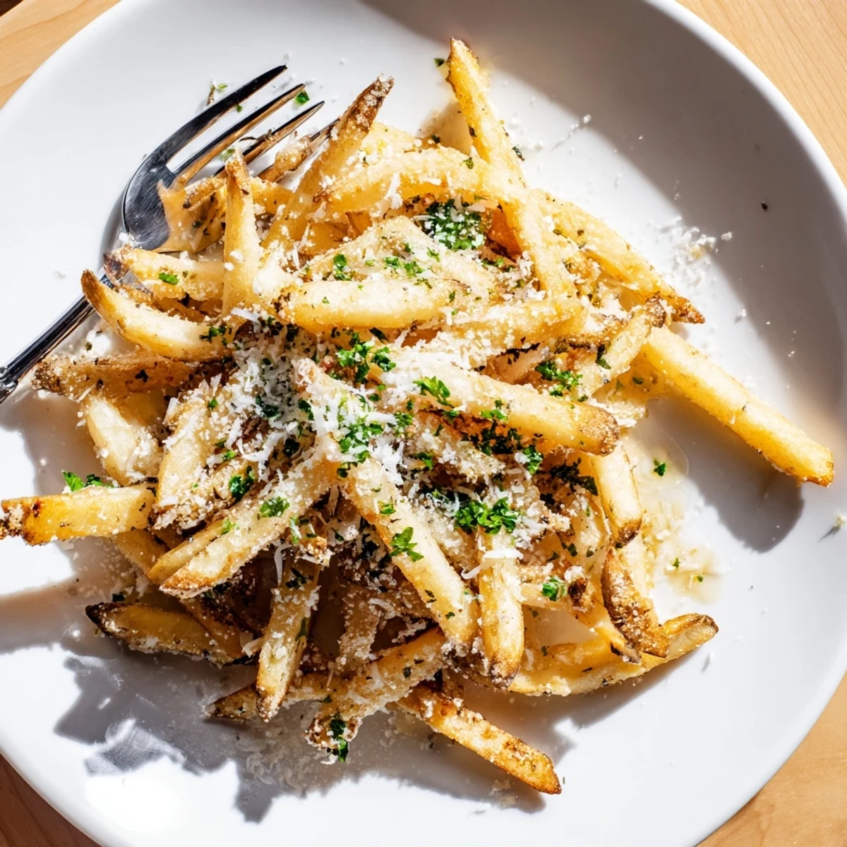 A close-up of crunchy Truffle Parmesan Fries with glistening oil and melted cheese for an indulgent snack.