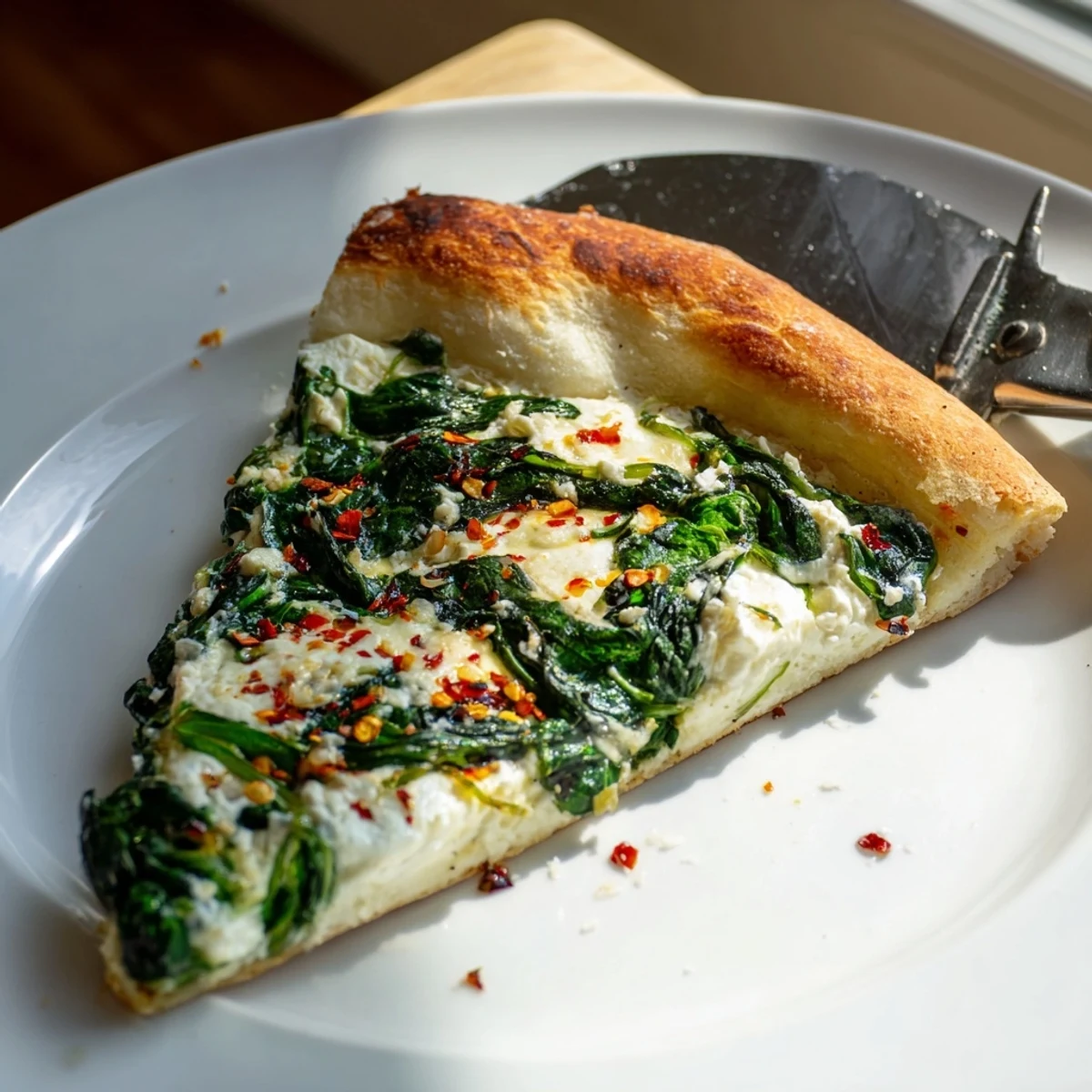 Golden-brown Spinach Ricotta Pizza fresh from the oven, with bubbly cheese and visible spinach on a thin crust.