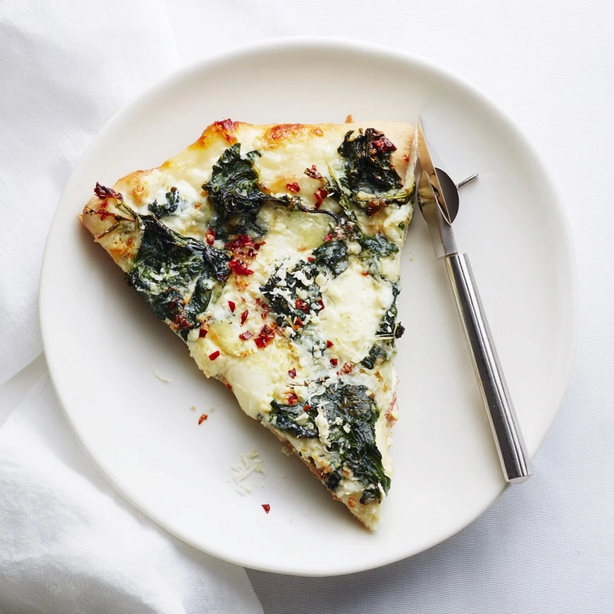Serving suggestion for Spinach Ricotta Pizza with a crisp green salad and Pinot Grigio on a rustic table.
