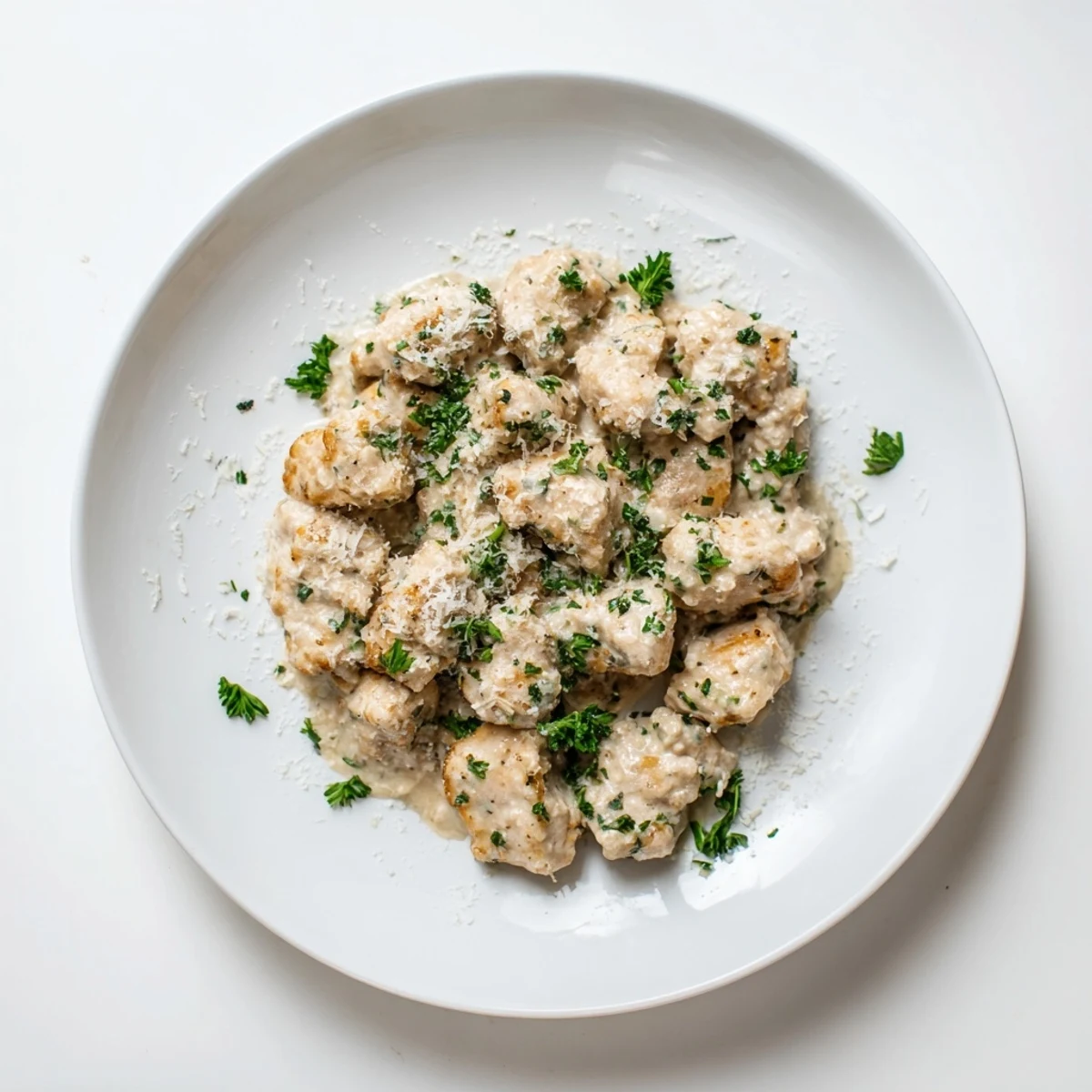 Tender Creamy Garlic Chicken Bites simmering in a rich, glossy sauce with fresh parsley garnish.