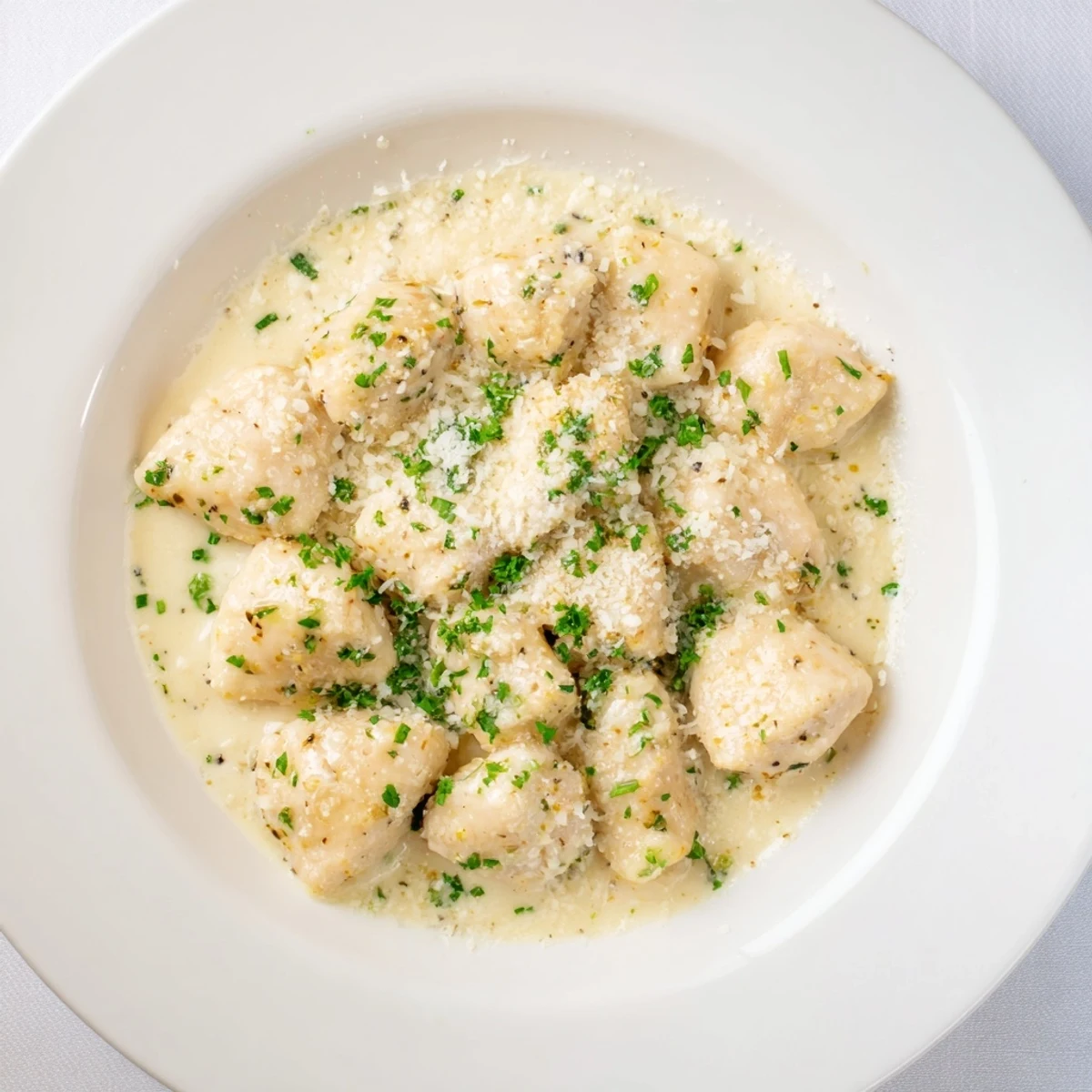Golden Creamy Garlic Chicken Bites served alongside crusty bread perfect for soaking up the sauce.