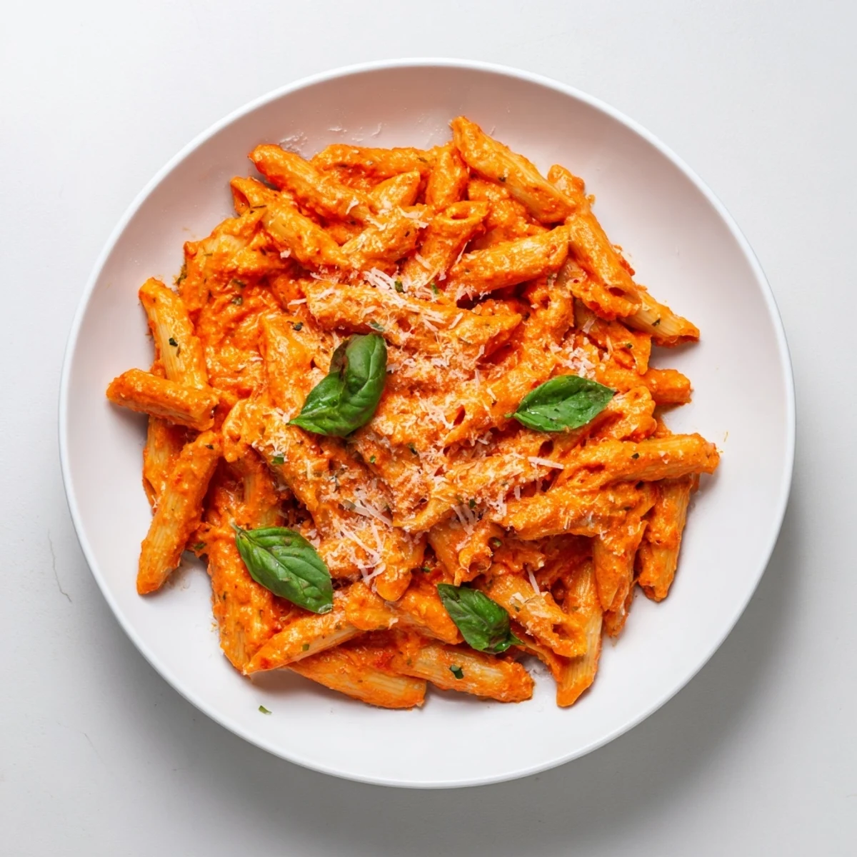 Creamy Roasted Red Pepper Pasta in a skillet, garnished with fresh basil and grated Parmesan, ready to serve.