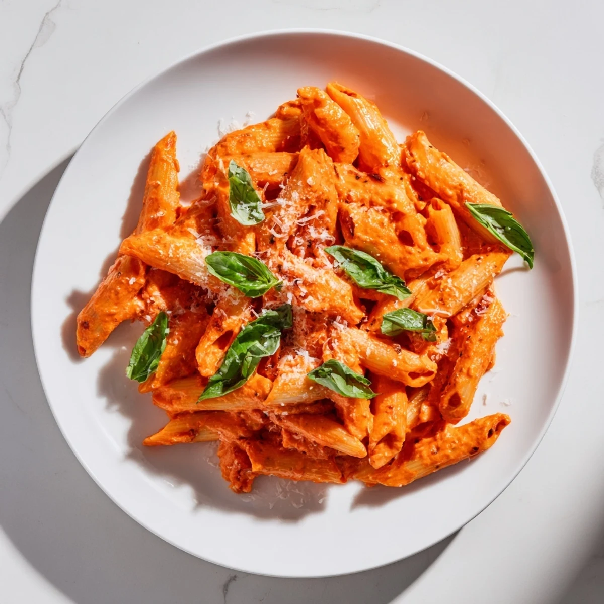 Close-up of Roasted Red Pepper Pasta showing creamy sauce clinging to noodles, with fresh basil leaves for garnish.
