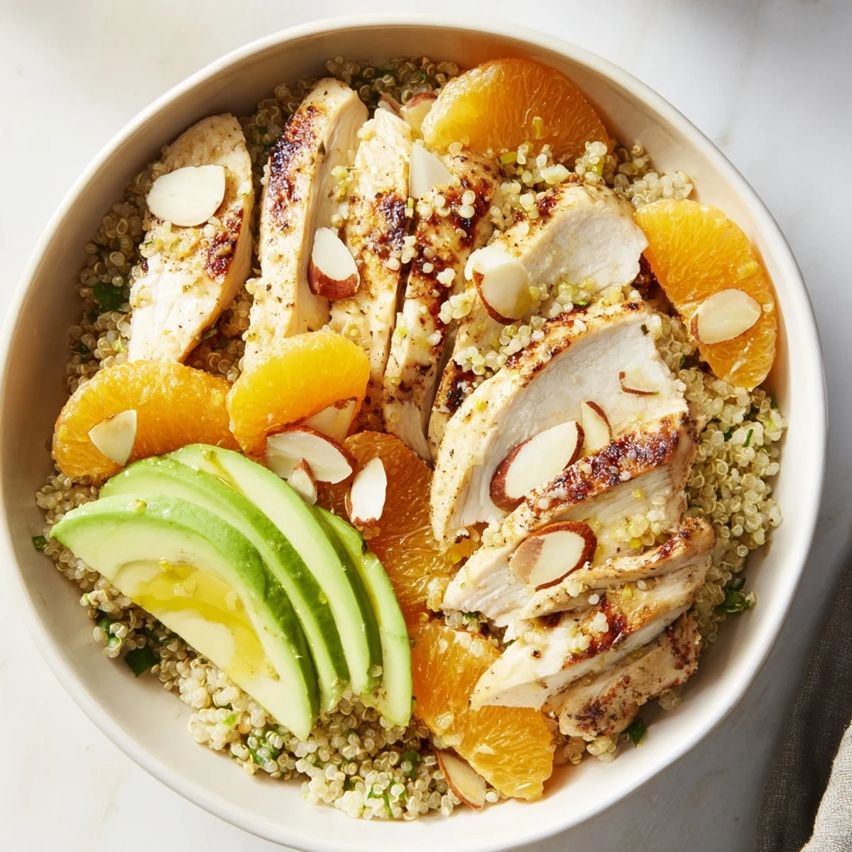 Hearty Citrus Herb Chicken Salad Bowl garnished with fresh parsley and basil, served in a white bowl beside a glass of sparkling water with lemon.