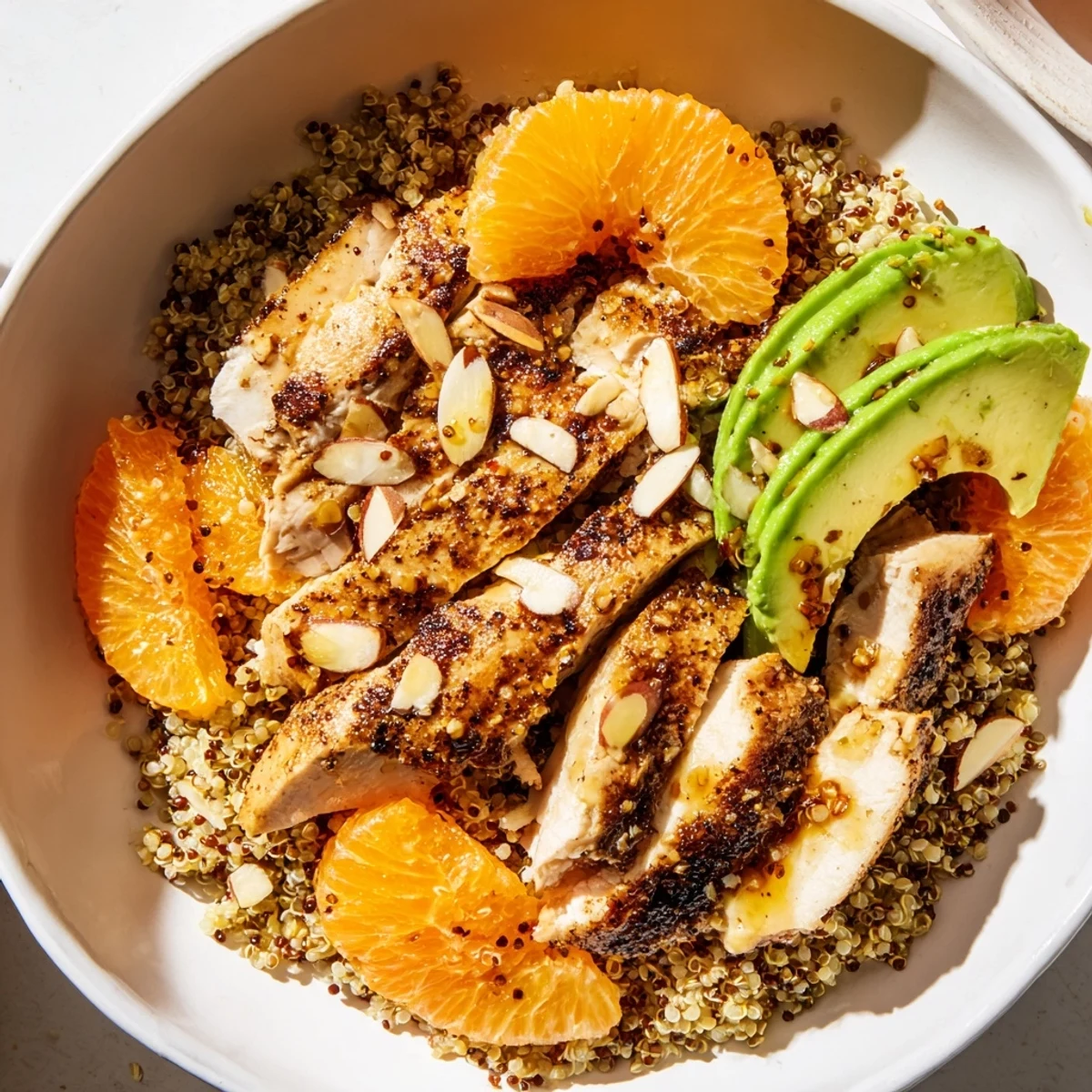 Healthy gluten-free Citrus Herb Chicken Salad Bowl features juicy chicken, creamy avocado, orange segments, and quinoa on vibrant greens, ready for a quick lunch.