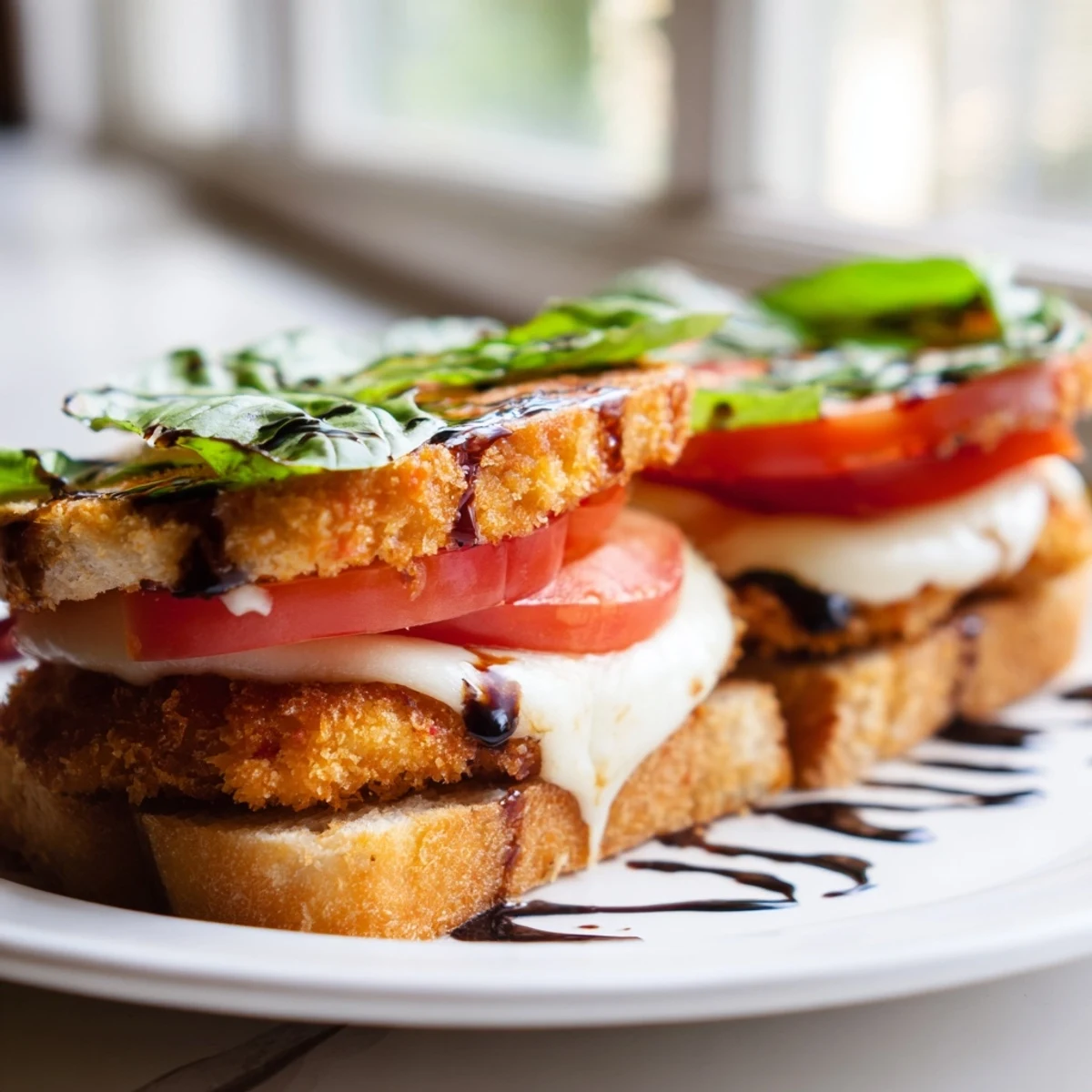 Crispy Chicken Caprese Sandwich with juicy tomato slices and melted cheese on golden, toasted ciabatta bread, ready to serve.