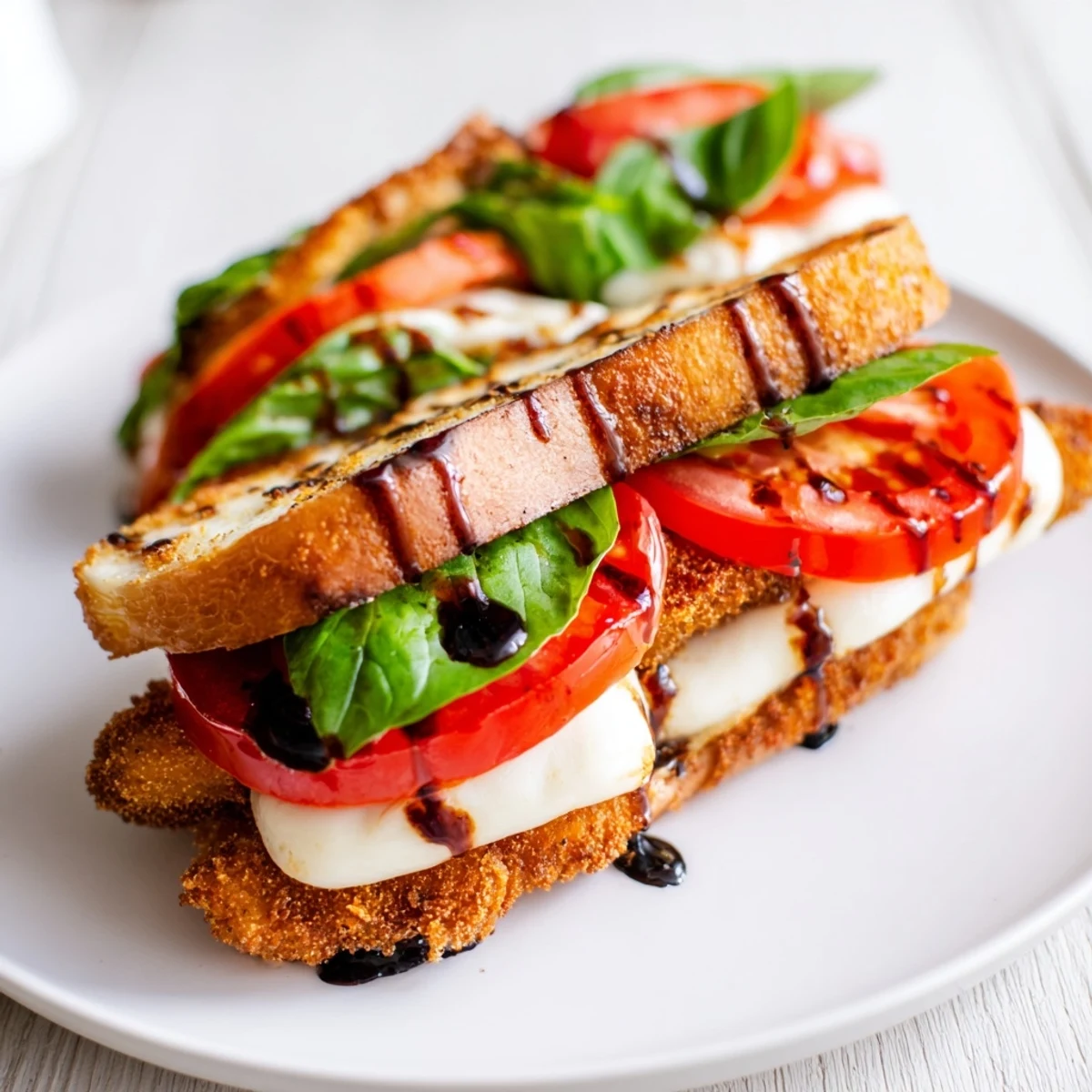 Crispy Chicken Caprese Sandwich served on rustic ciabatta, layered with golden breaded chicken, ripe tomatoes, and fresh basil leaves.