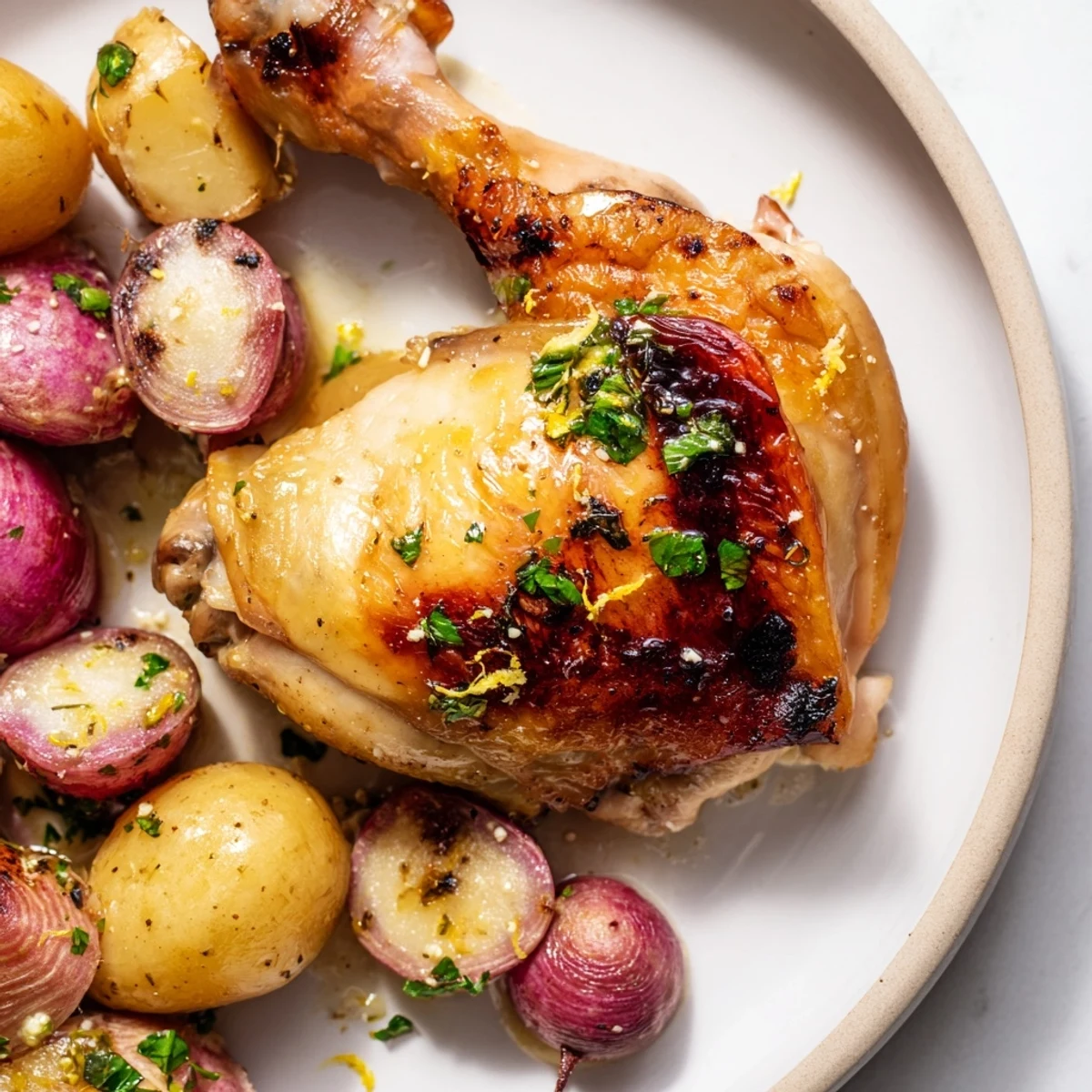 Colorful Roasted Radish & Chicken Sheet Pan, served hot with fresh parsley and lemon zest, perfect for a simple weeknight meal.