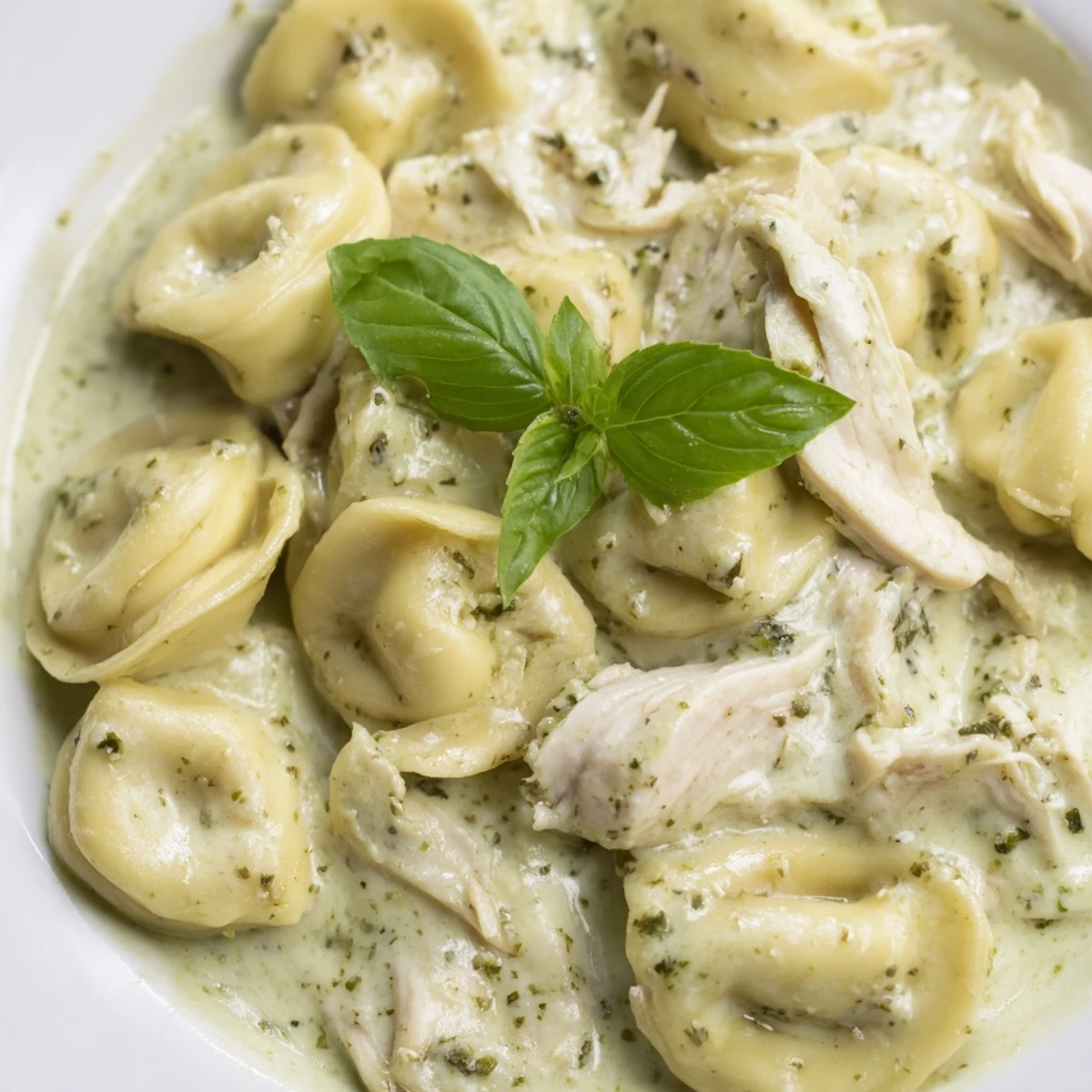 Steaming plate of Creamy Pesto Tortellini Skillet featuring tender cheese tortellini, shredded chicken, and wilted baby spinach.