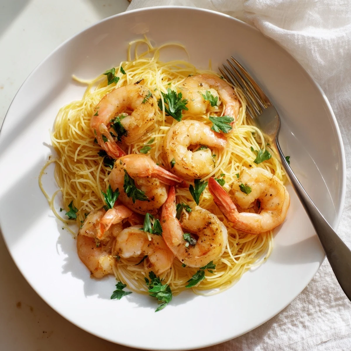 A close-up of Lemon Butter Shrimp Pasta Lite, showcasing juicy shrimp, glossy sauce, and chopped parsley garnish beside lemon wedges.